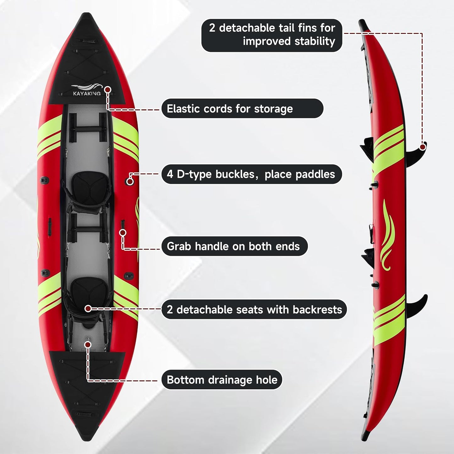 Inflatable Kayak 2 Person, Tandem Touring Kayaks for Adults, 12.5FT 507 LBS Capacity, Portable Kayak with Luminous Strips, Adjustable Kayak Seat, 2 Paddles, 2 Tail Fins, Pump &Storage Bag