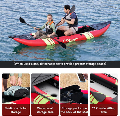 Inflatable Kayak 2 Person, Tandem Touring Kayaks for Adults, 12.5FT 507 LBS Capacity, Portable Kayak with Luminous Strips, Adjustable Kayak Seat, 2 Paddles, 2 Tail Fins, Pump &Storage Bag