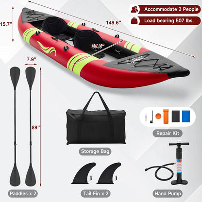 Inflatable Kayak 2 Person, Tandem Touring Kayaks for Adults, 12.5FT 507 LBS Capacity, Portable Kayak with Luminous Strips, Adjustable Kayak Seat, 2 Paddles, 2 Tail Fins, Pump &Storage Bag