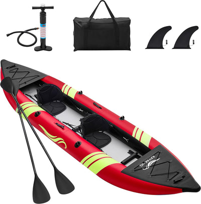 Inflatable Kayak 2 Person, Tandem Touring Kayaks for Adults, 12.5FT 507 LBS Capacity, Portable Kayak with Luminous Strips, Adjustable Kayak Seat, 2 Paddles, 2 Tail Fins, Pump &Storage Bag
