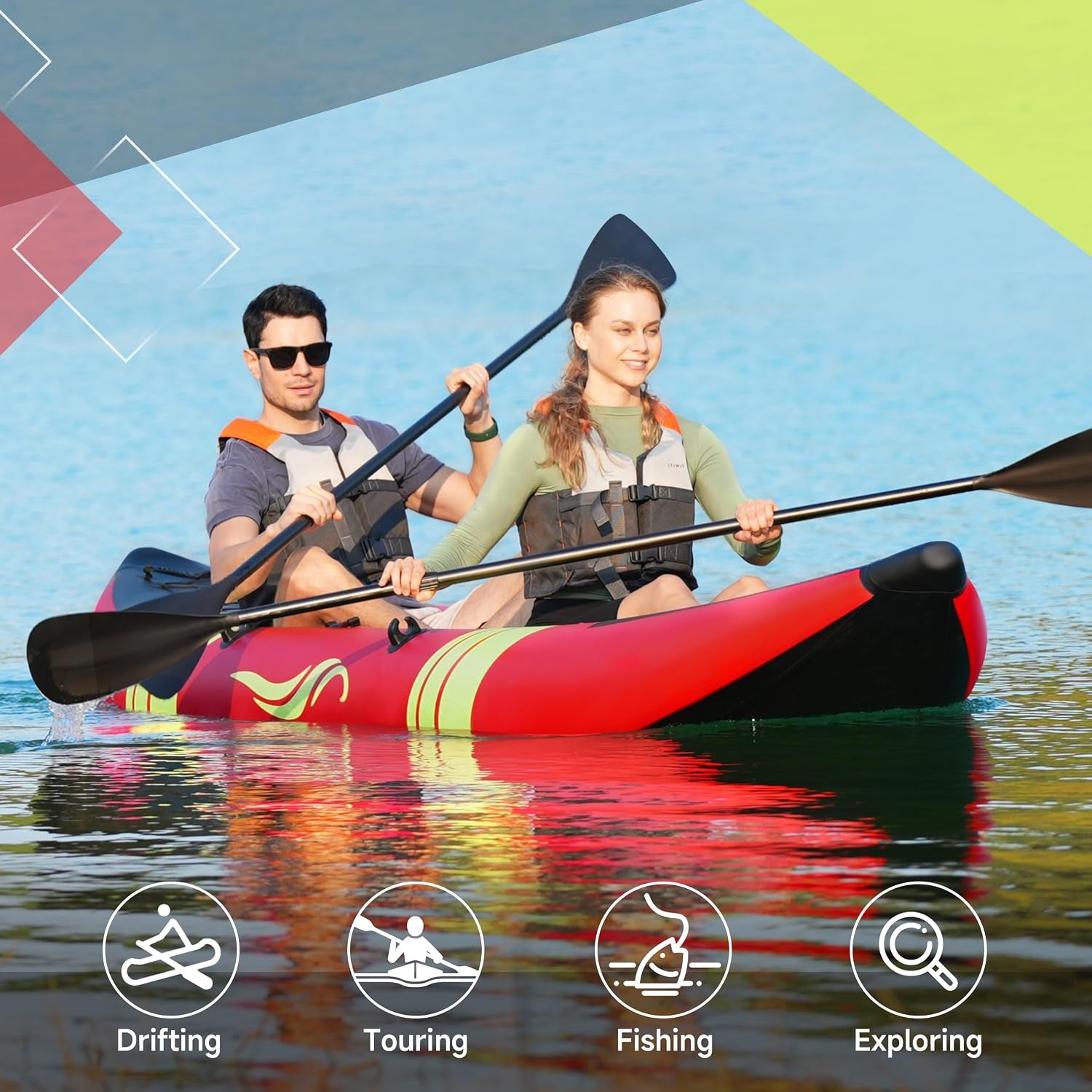 Inflatable Kayak 2 Person, Tandem Touring Kayaks for Adults, 12.5FT 507 LBS Capacity, Portable Kayak with Luminous Strips, Adjustable Kayak Seat, 2 Paddles, 2 Tail Fins, Pump &Storage Bag