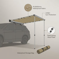 Car Side Awning, Large 4.6'X6.6' Shade Coverage Vehicle Awning, Pu3000Mm UV50+ Retractable Car Awning with Waterproof Storage Bag, Suitable for Truck, SUV, Van, Campers — infographic