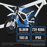 Electric Dirt Bike Built for Peak Performance, 16.8KW Power, 72V 40Ah Battery, 150 lb Lightweight Frame — Results & Stats