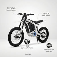 Electric Dirt Bike Built for Peak Performance, 16.8KW Power, 72V 40Ah Battery, 150 lb Lightweight Frame — infographic
