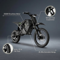 H3 Electric Dirt Bike for Teens and Adults, 3500W Electric Motorcycle, up to 40MPH / 45° Slope / 45 Miles Range, 14"/12" Fat Tire E Dirt Bike with Nitrogen Suspension Fit Age 13+ — infographic