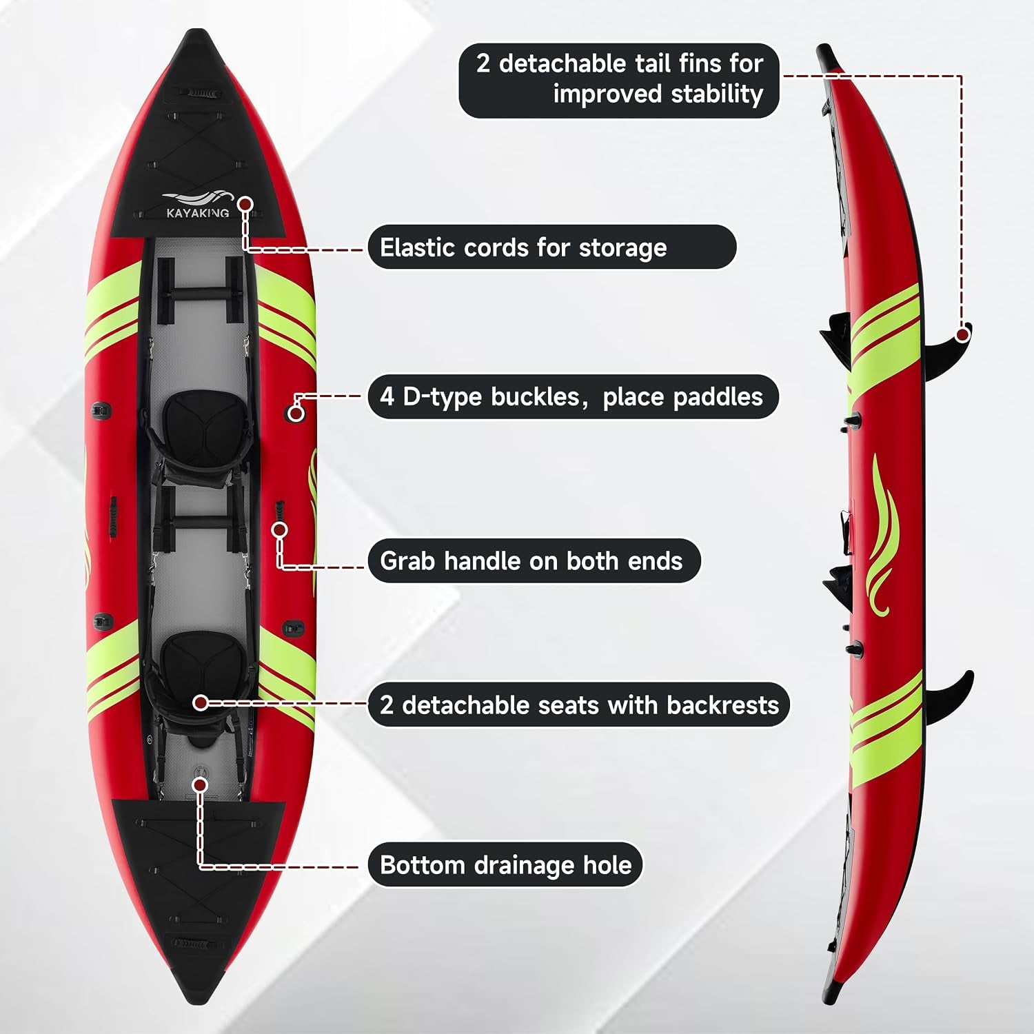 Inflatable Kayak 2 Person, Tandem Touring Kayaks for Adults, 12.5FT 507 LBS Capacity, Portable Kayak with Luminous Strips, Adjustable Kayak Seat, 2 Paddles, 2 Tail Fins, Pump &Storage Bag