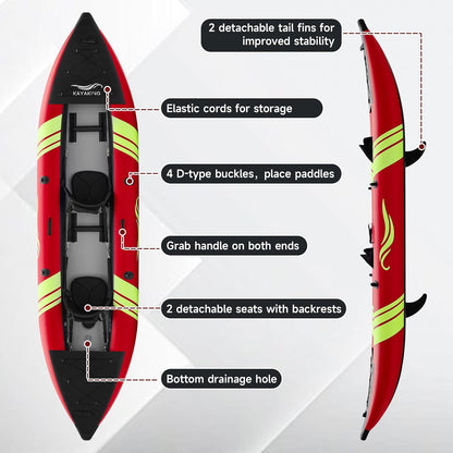 Inflatable Kayak 2 Person, Tandem Touring Kayaks for Adults, 12.5FT 507 LBS Capacity, Portable Kayak with Luminous Strips, Adjustable Kayak Seat, 2 Paddles, 2 Tail Fins, Pump &Storage Bag