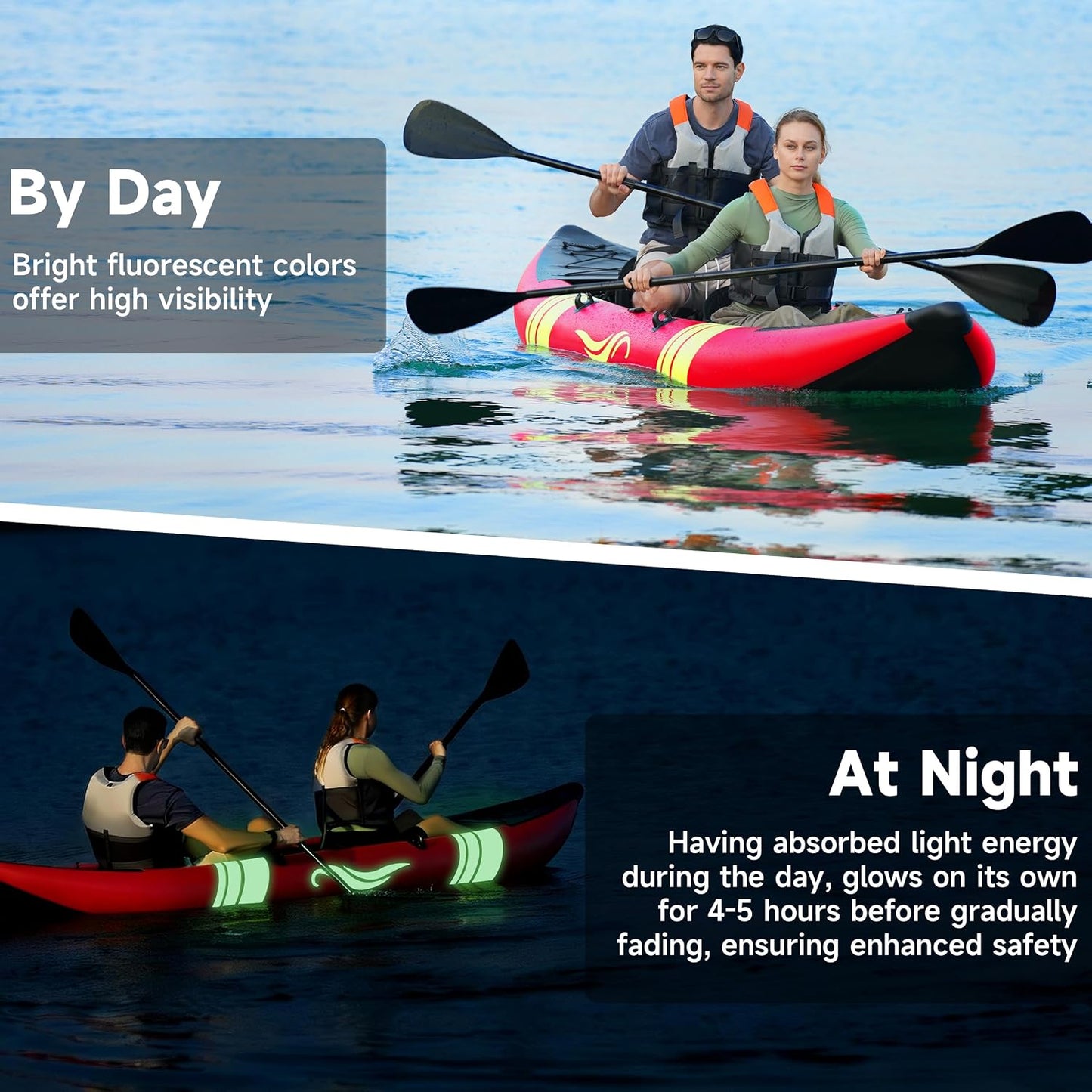 Inflatable Kayak 2 Person, Tandem Touring Kayaks for Adults, 12.5FT 507 LBS Capacity, Portable Kayak with Luminous Strips, Adjustable Kayak Seat, 2 Paddles, 2 Tail Fins, Pump &Storage Bag